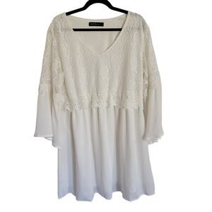 Zanzea Women's 2XL White Lace Overlay Dress V Neck Bell Sleeve Boho